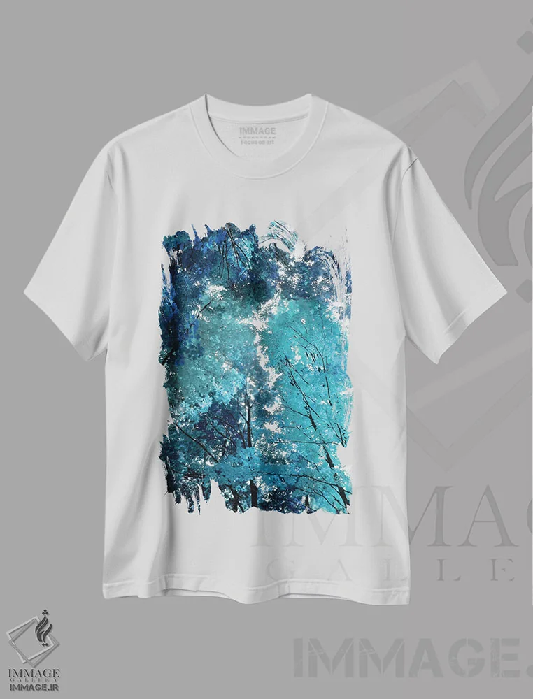 تیشرت سفید طرح دار جنگل آبی ۱، دکور معاصر اثر درک اسکات | فروشگاه ایماژ