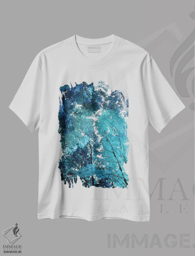 تیشرت سفید طرح دار جنگل آبی ۱، دکور معاصر اثر درک اسکات | فروشگاه ایماژ