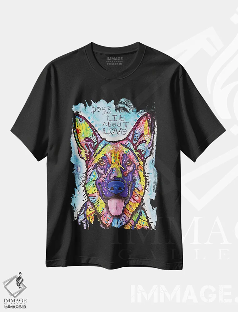 تیشرت مشکی طرح دار سگ ها دربارهٔ عشق هرگز دروغ نمی گویند، مدیوم اثر دین روسو | فروشگاه ایماژ