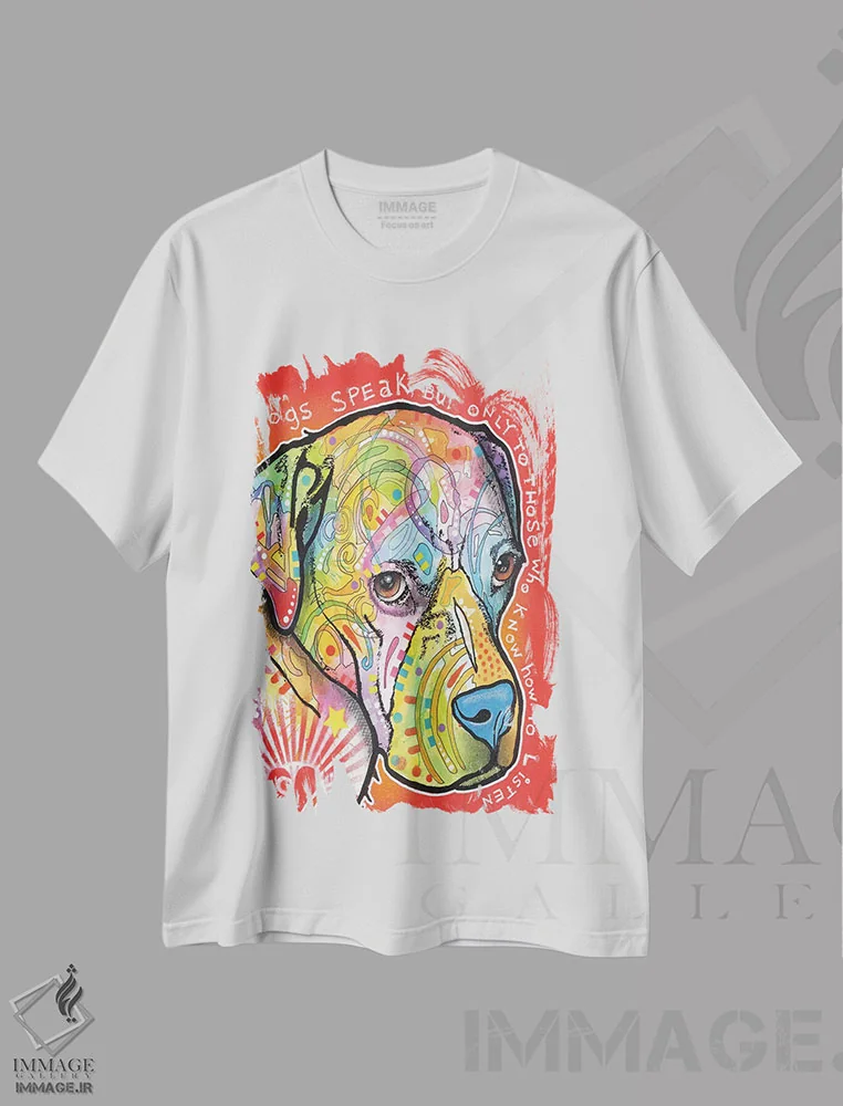 تیشرت سفید طرح دار سگ ها سخن می گویند، مدیوم اثر دین روسو | فروشگاه ایماژ