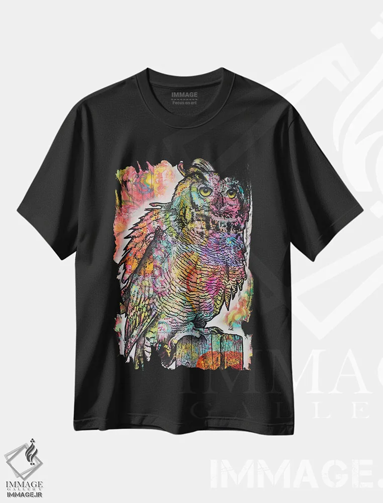 تیشرت مشکی طرح دار نشستن جغد، مدیوم اثر دین روسو | فروشگاه ایماژ