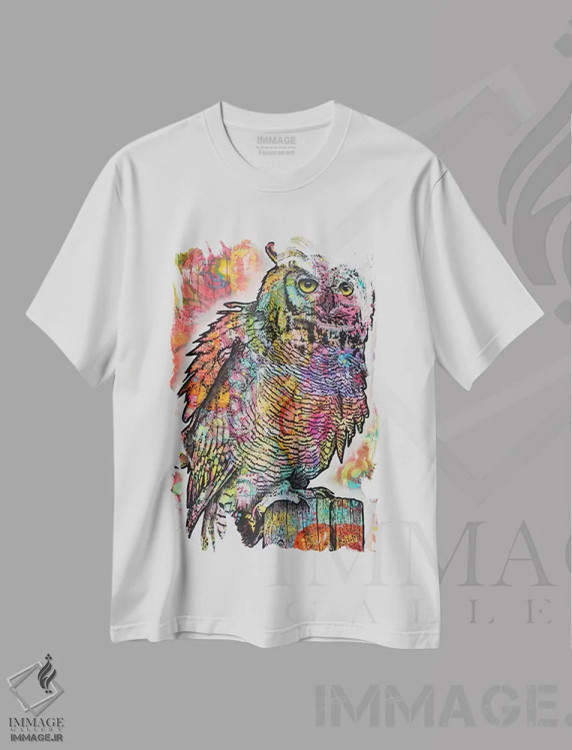 تیشرت سفید طرح دار نشستن جغد، مدیوم اثر دین روسو | immage.ir