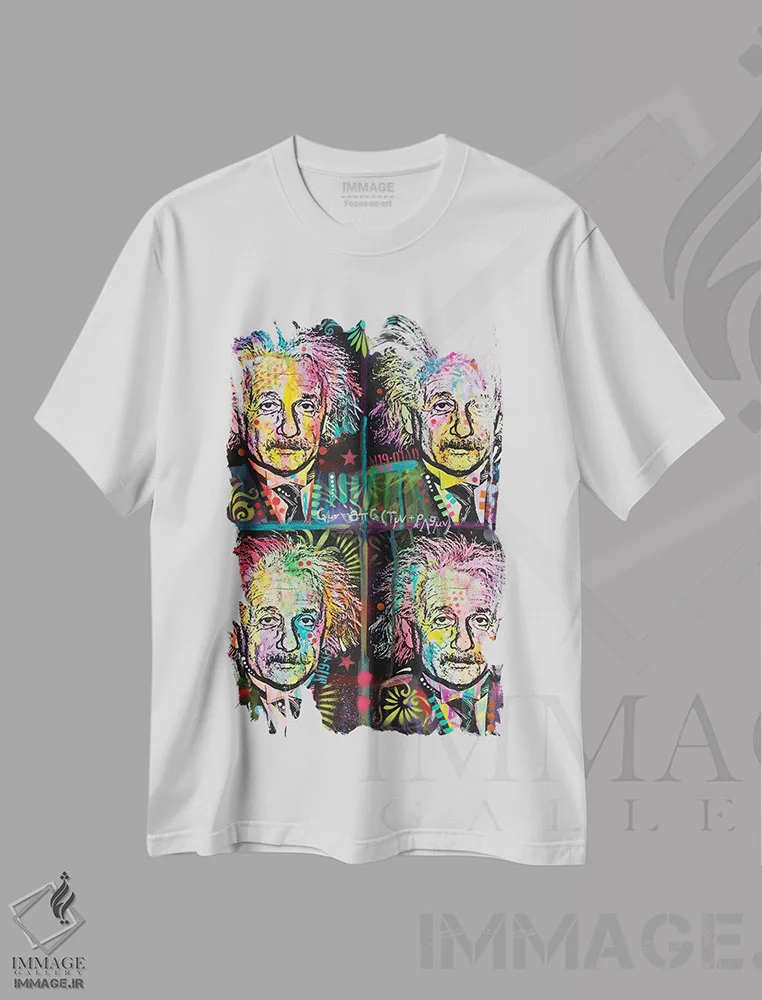 تیشرت سفید طرح دار آینشتاین ۴ تایی، هنر فاخر معاصر اثر دین روسو | فروشگاه ایماژ