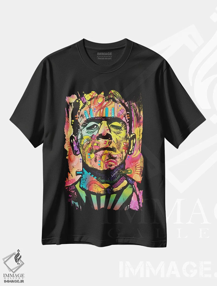 تیشرت مشکی طرح دار فرانکشتاین، هنر فاخر معاصر اثر دین روسو | فروشگاه ایماژ
