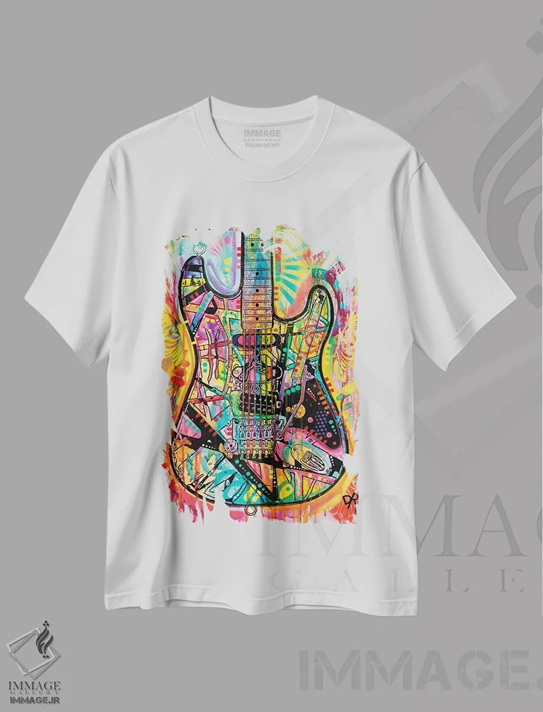 تیشرت سفید طرح دار گیتار، مدیوم اثر دین روسو | فروشگاه ایماژ