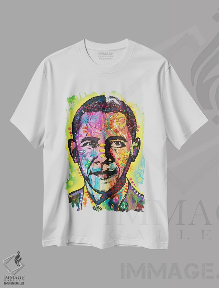 تیشرت سفید طرح دار اوباما، هنر آمریکایی آفریقایی تبار اثر دین روسو | فروشگاه ایماژ