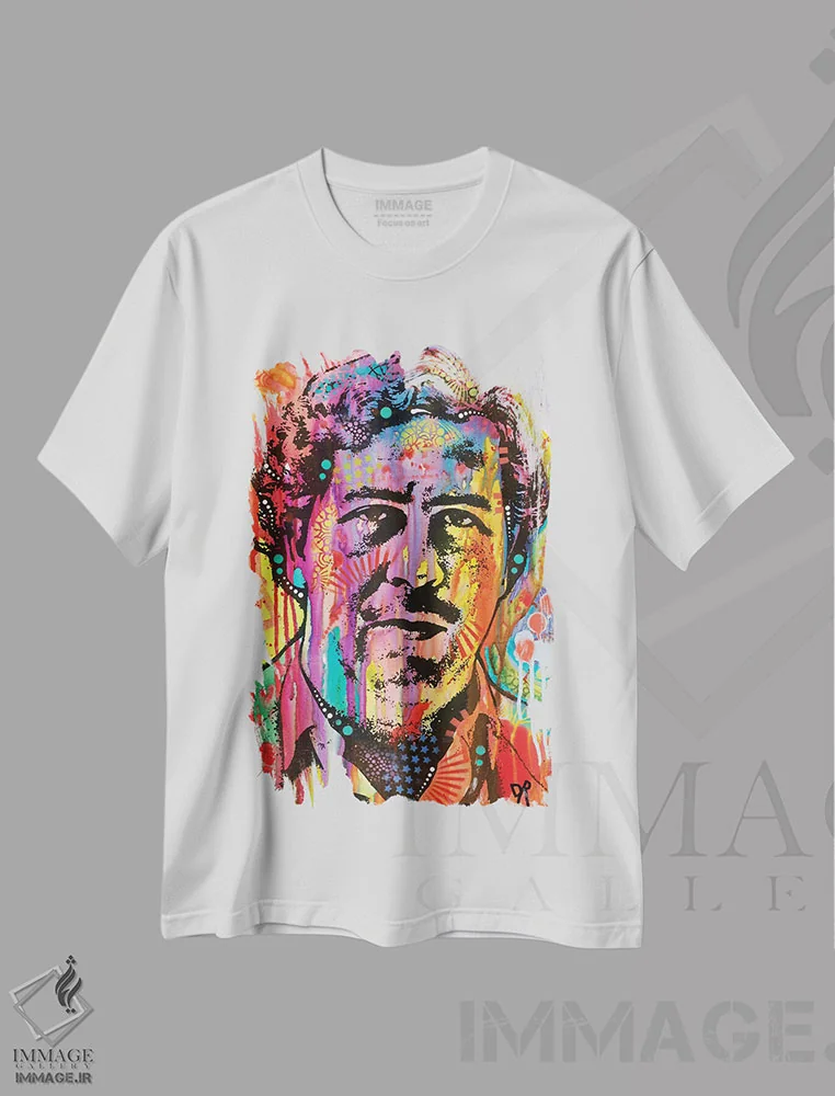 تیشرت سفید طرح دار پابلو اسکوبار، هنر فاخر معاصر اثر دین روسو | immage.ir
