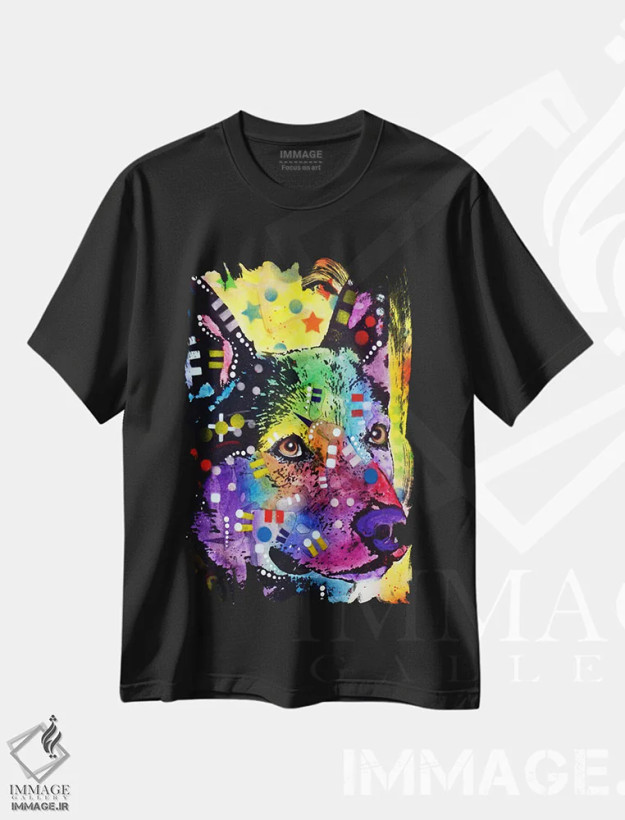 تیشرت مشکی طرح دار سگ گلهٔ استرالیایی، مدیوم اثر دین روسو | فروشگاه ایماژ