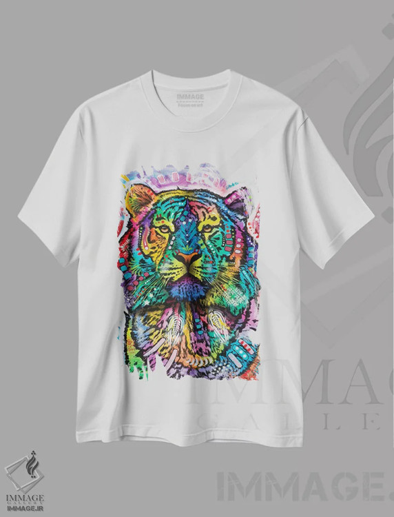 تیشرت سفید طرح دار ببر کنجکاو، تزئینی اثر دین روسو | immage.ir