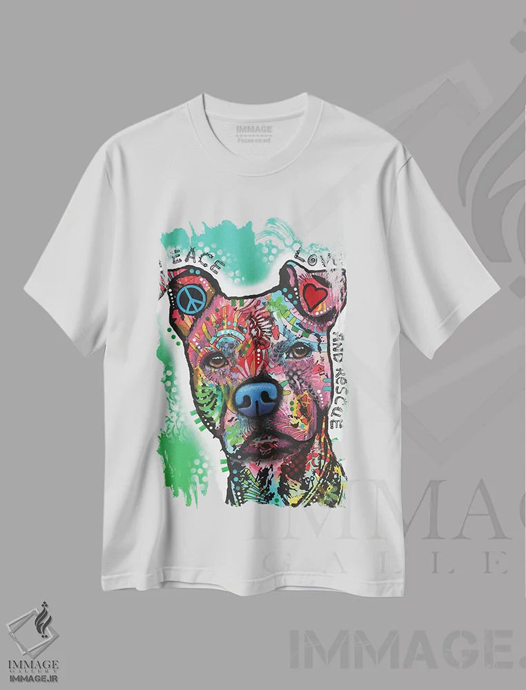 تیشرت سفید طرح دار صلح، عشق و نجات، مدیوم اثر دین روسو | immage.ir