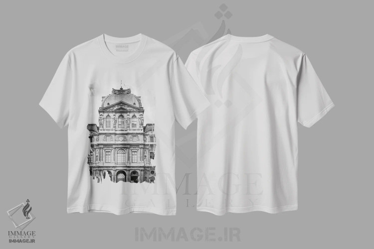 تیشرت سفید طرح دار معماری پاریس ۷، هنر تزئینی سیاه و سفید اثر دبورا رِوِل | فروشگاه ایماژ