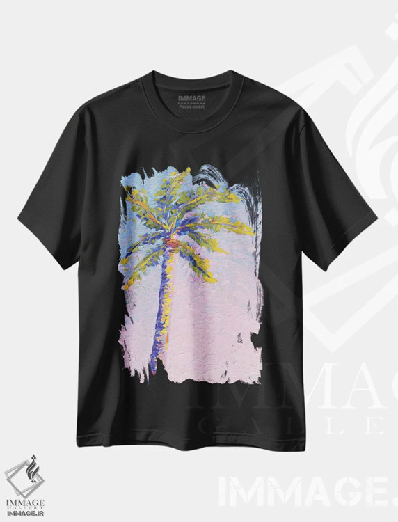 تیشرت مشکی طرح دار رنگ پریده نخل، هنر فاخر معاصر اثر دروتا کوسی | فروشگاه ایماژ