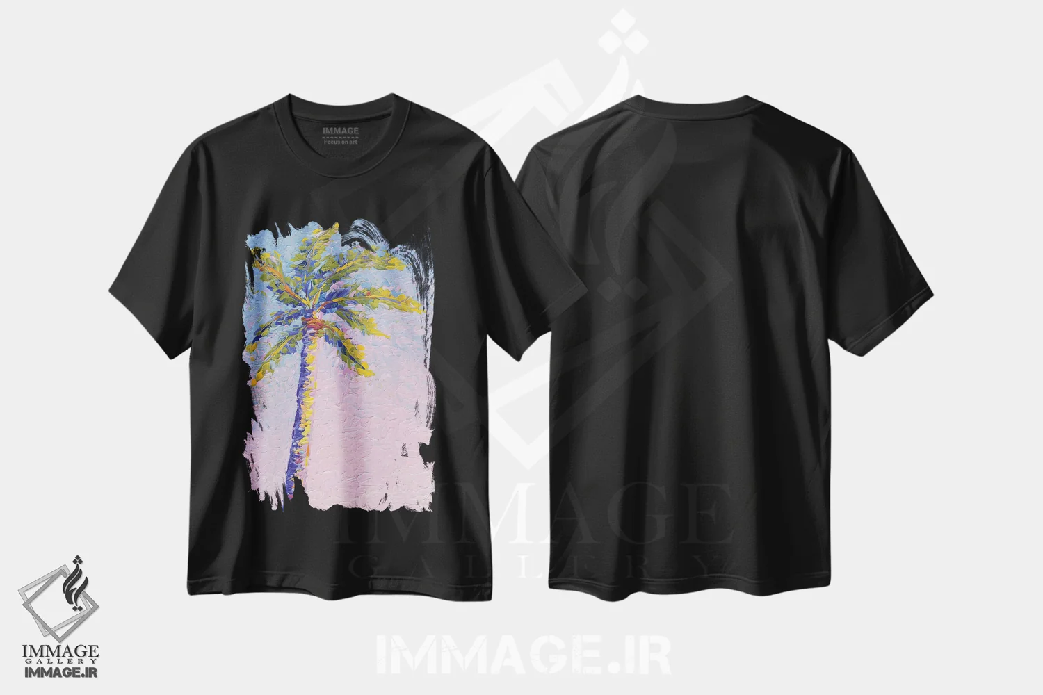 تیشرت مشکی طرح دار رنگ پریده نخل، هنر فاخر معاصر اثر دروتا کوسی | فروشگاه ایماژ