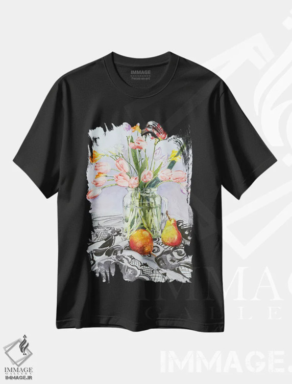 تیشرت مشکی طرح دار طبیعت بی جان با گلابی، هنر فاخر کلاسیک اثر هلن دوبروویچ | immage.ir