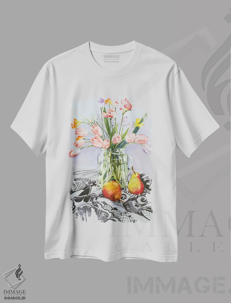 تیشرت سفید طرح دار طبیعت بی جان با گلابی، هنر فاخر کلاسیک اثر هلن دوبروویچ | فروشگاه ایماژ