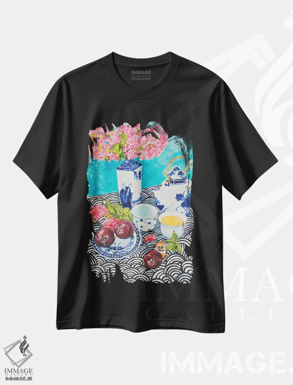تیشرت مشکی طرح دار طبیعت بی جان ۱، هنر فاخر کلاسیک اثر هلن دوبروویچ | فروشگاه ایماژ