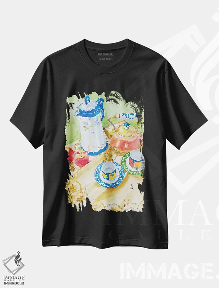 تیشرت مشکی طرح دار زمان چای، هنر فاخر کلاسیک اثر هلن دوبروویچ | فروشگاه ایماژ