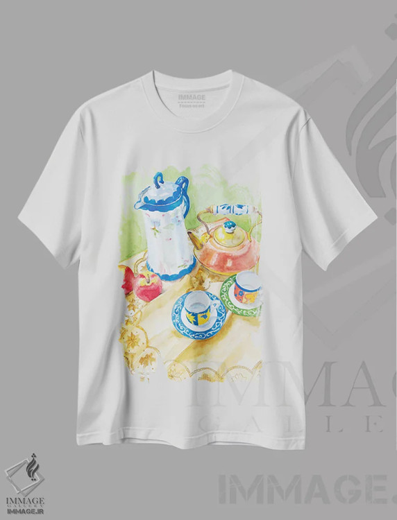 تیشرت سفید طرح دار زمان چای، هنر فاخر کلاسیک اثر هلن دوبروویچ | immage.ir