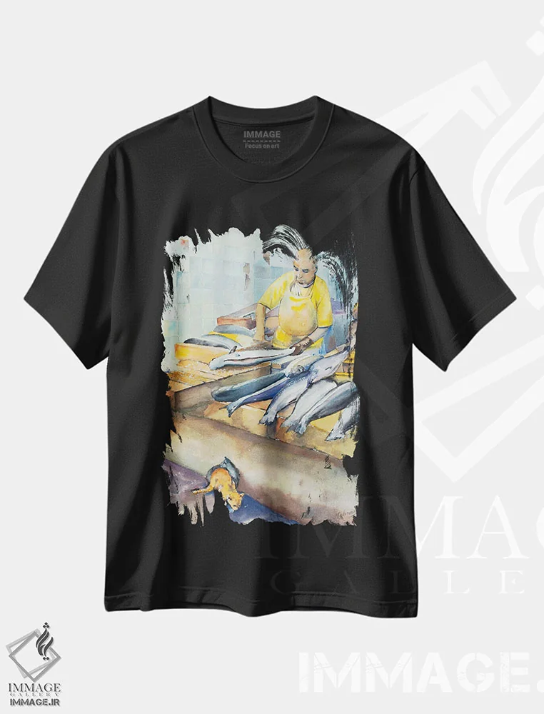 تیشرت مشکی طرح دار فروشنده ماهی و دوستانش، هنر فاخر کلاسیک اثر هلن دوبروویچ | immage.ir