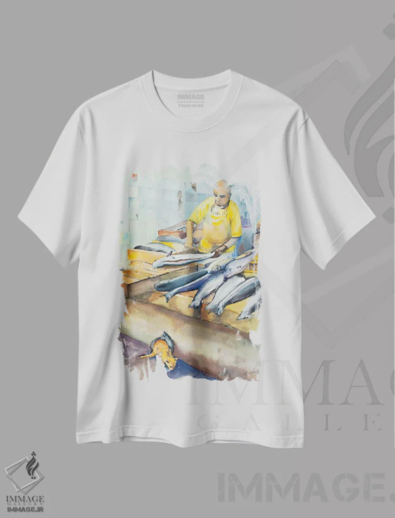 تیشرت سفید طرح دار فروشنده ماهی و دوستانش، هنر فاخر کلاسیک اثر هلن دوبروویچ | فروشگاه ایماژ