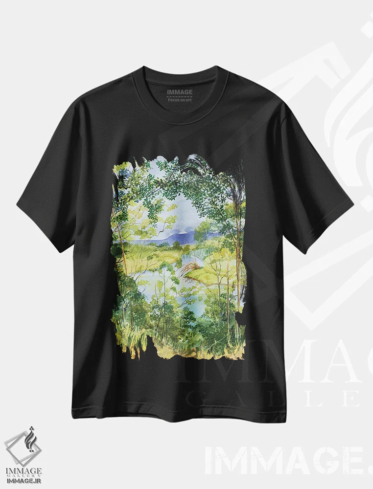 تیشرت مشکی طرح دار رودخانه درخت ها، هنر فاخر کلاسیک اثر هلن دوبروویچ | فروشگاه ایماژ