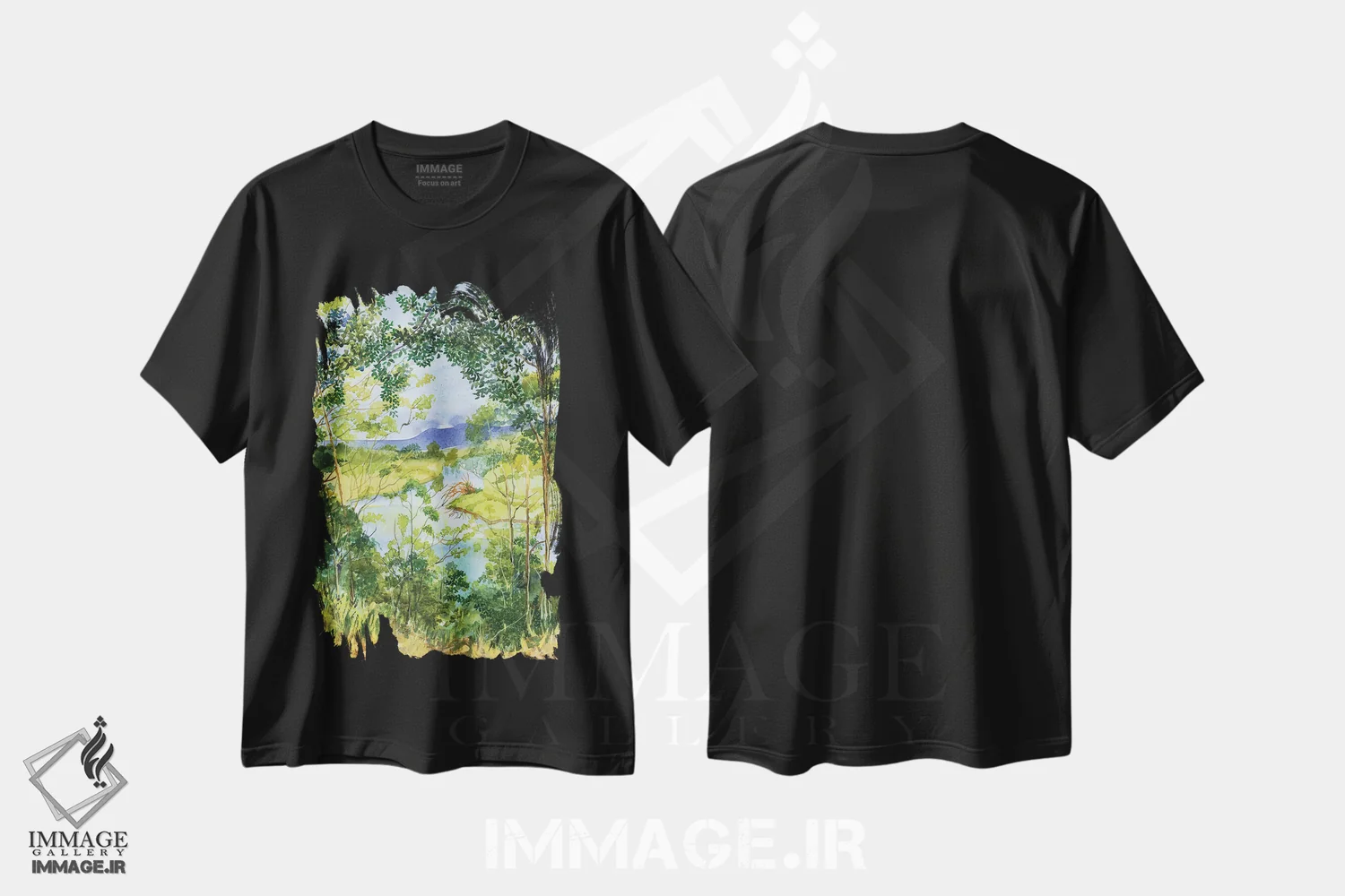 تیشرت مشکی طرح دار رودخانه درخت ها، هنر فاخر کلاسیک اثر هلن دوبروویچ | فروشگاه ایماژ