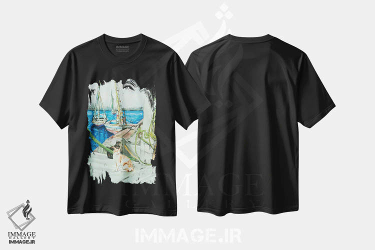 تیشرت مشکی طرح دار گربه ها با فلوکاها، هنر فاخر کلاسیک اثر هلن دوبروویچ | فروشگاه ایماژ