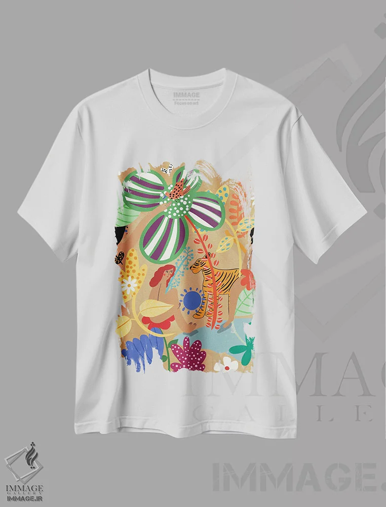 تیشرت سفید طرح دار زندگی طبیعی، دکور بوهمی اثر دینا راژین | فروشگاه ایماژ