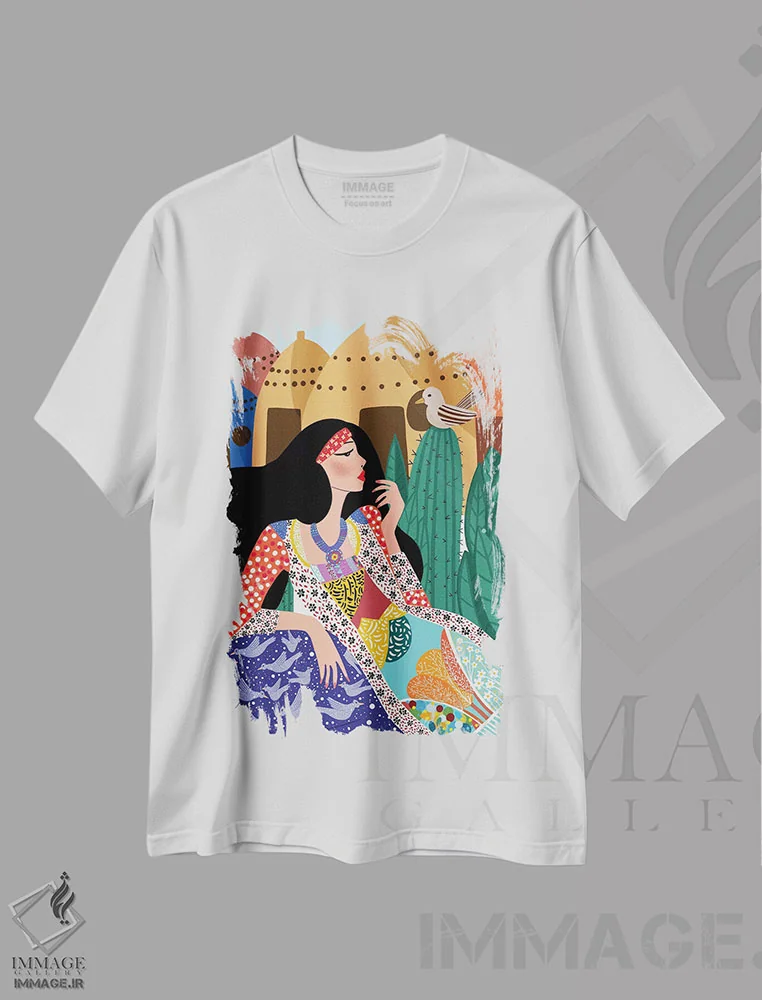 تیشرت سفید طرح دار ملکهٔ کندو، دکور بوهمی اثر دینا راژین | فروشگاه ایماژ