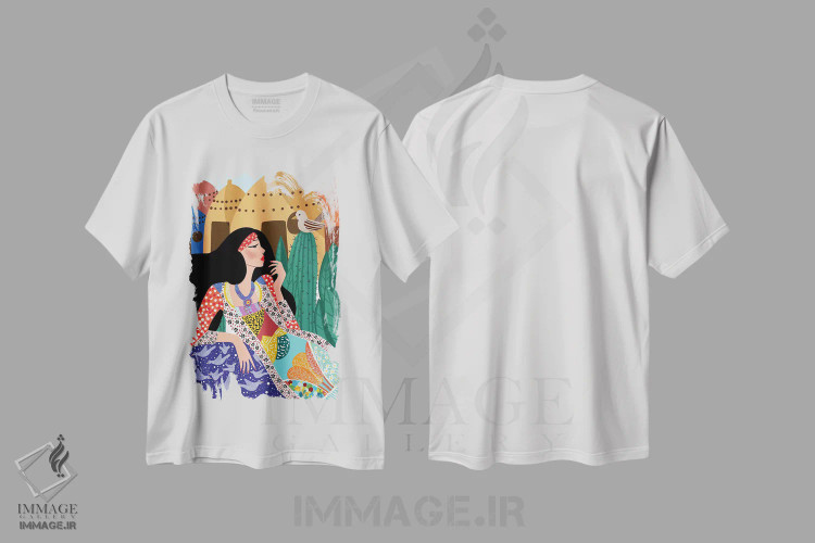 تیشرت سفید طرح دار ملکهٔ کندو، دکور بوهمی اثر دینا راژین | فروشگاه ایماژ