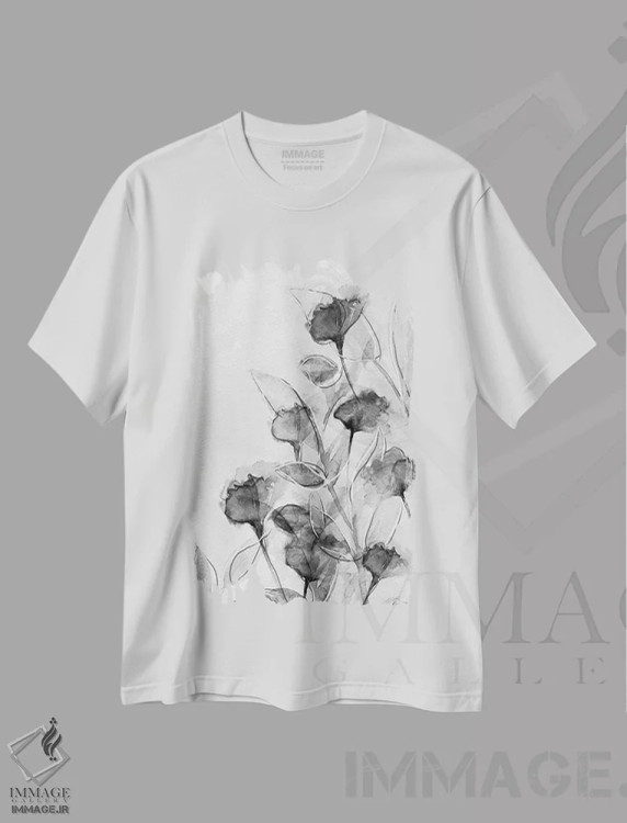تیشرت سفید طرح دار گل آرایی پلاک آستور ۲، هنر تزئینی سیاه و سفید اثر دنیس براون | immage.ir