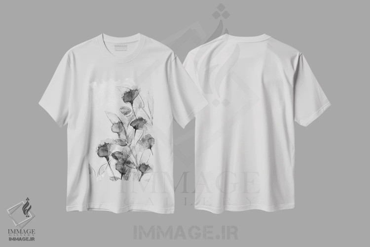 تیشرت سفید طرح دار گل آرایی پلاک آستور ۲، هنر تزئینی سیاه و سفید اثر دنیس براون | immage.ir