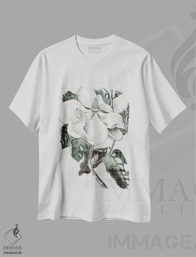 تیشرت سفید طرح دار مگنولیای جنوبی ۱، هنر تزئینی سیاه و سفید اثر دنیس براون | immage.ir