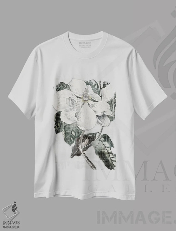 تیشرت سفید طرح دار مگنولیای جنوبی ۱، هنر تزئینی سیاه و سفید اثر دنیس براون | immage.ir