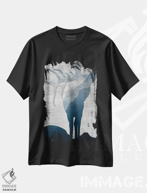 تیشرت مشکی طرح دار سیلوئت گوزن نر ۱، دکور کلبه و لژ اثر دنیس براون | فروشگاه ایماژ
