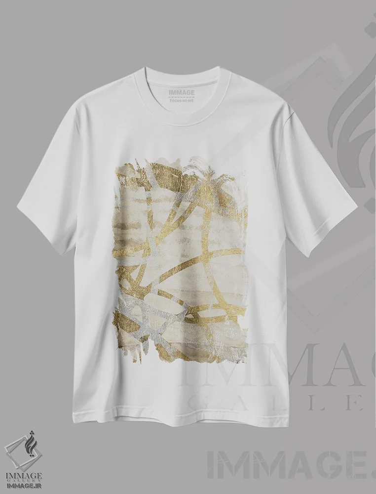 تیشرت سفید طرح دار حلقه های طلایی و نقره ای، آبستره اثر دنیس براون | immage.ir