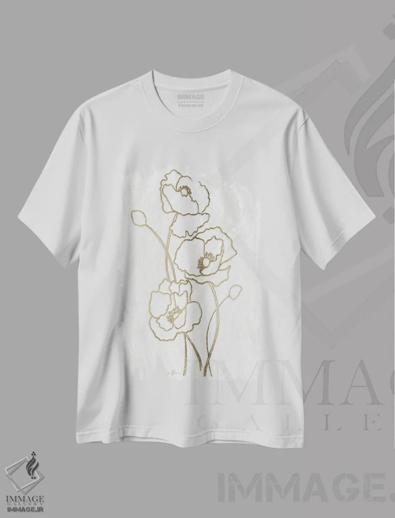 تیشرت سفید طرح دار گل صدتومانی طلایی ۳، تزئینی اثر دنیس براون | فروشگاه ایماژ