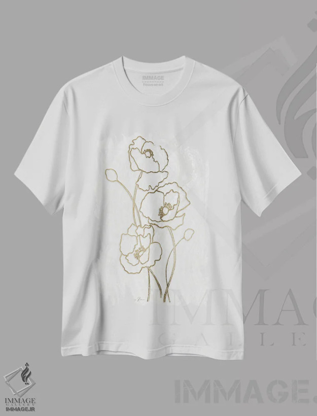 تیشرت سفید طرح دار گل صدتومانی طلایی ۳، تزئینی اثر دنیس براون | فروشگاه ایماژ