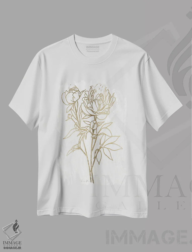 تیشرت سفید طرح دار گل صدتومانی طلایی ۲، تزئینی اثر دنیس براون | immage.ir