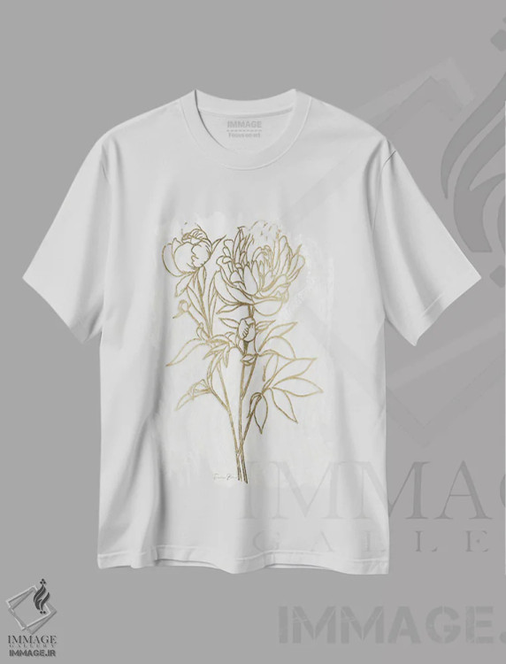 تیشرت سفید طرح دار گل صدتومانی طلایی ۲، تزئینی اثر دنیس براون | immage.ir