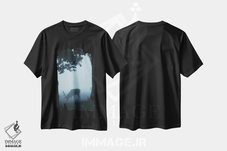 تیشرت مشکی طرح دار چَراییدن، دکور کلبه و لژ اثر دنیس براون | فروشگاه ایماژ