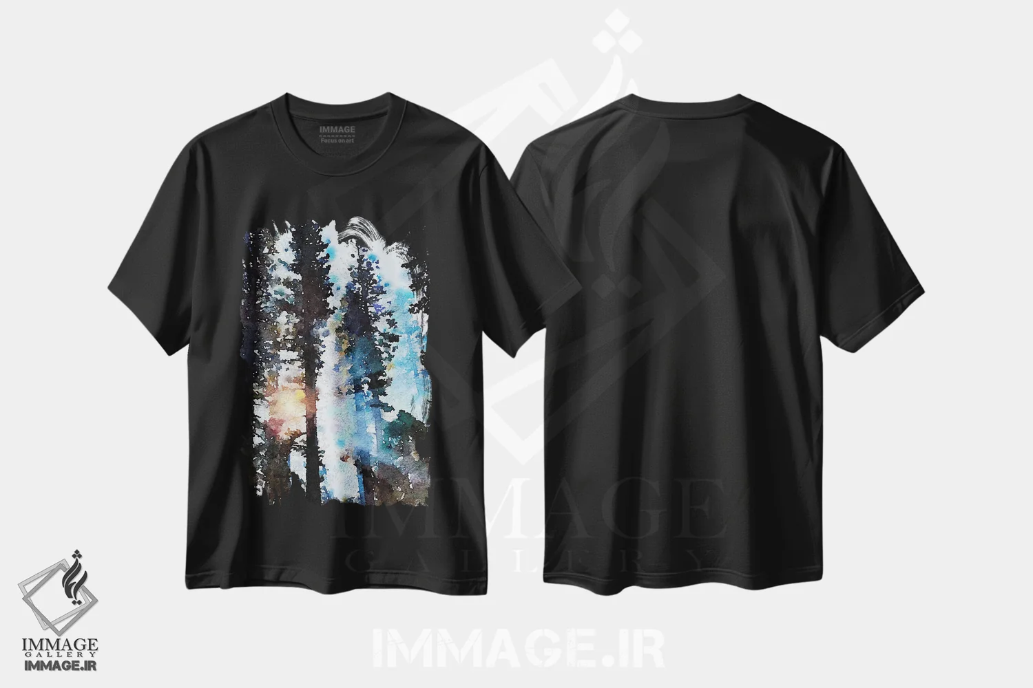 تیشرت مشکی طرح دار نور از میان درختان، دکور کلبه و لژ اثر دنیس براون | فروشگاه ایماژ