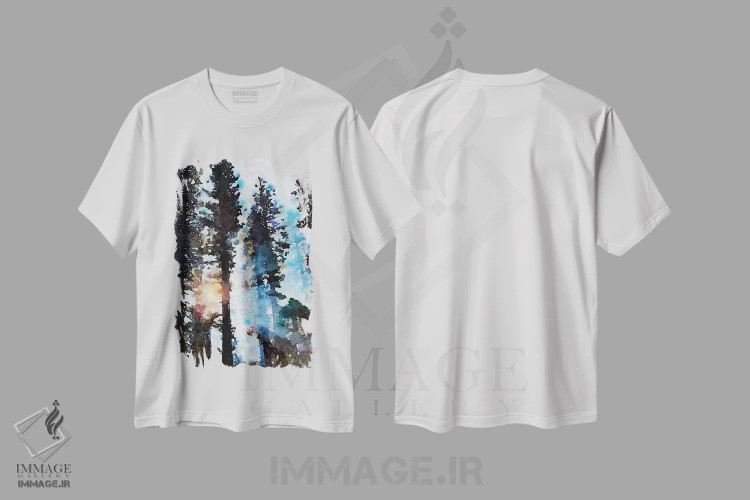 تیشرت سفید طرح دار نور از میان درختان، دکور کلبه و لژ اثر دنیس براون | immage.ir