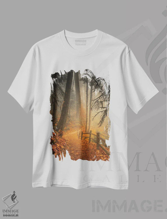 تیشرت سفید طرح دار برگ ها در میان درختان، مدیوم اثر دان شوارتز | فروشگاه ایماژ