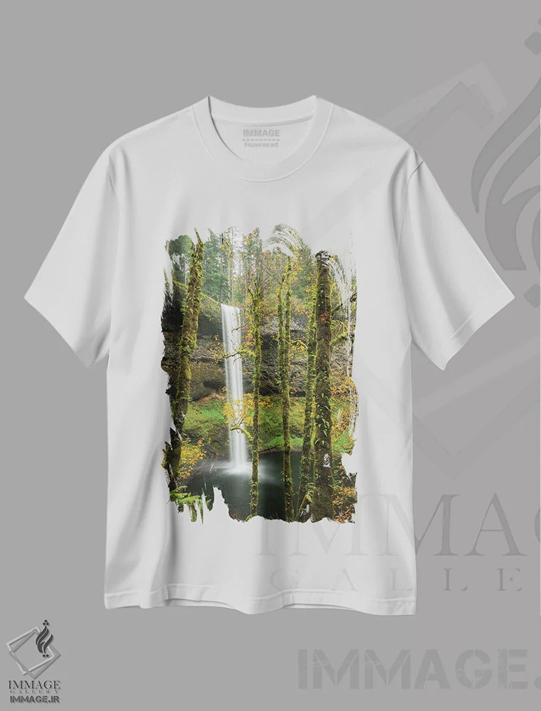 تیشرت سفید طرح دار آبشار برگ پوش پاییزی، مدیوم اثر دان شوارتز | فروشگاه ایماژ