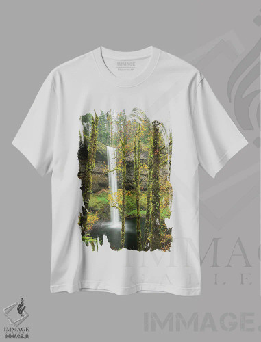 تیشرت سفید طرح دار آبشار برگ پوش پاییزی، مدیوم اثر دان شوارتز | فروشگاه ایماژ