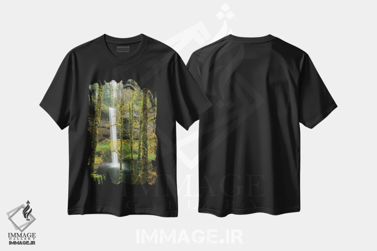 تیشرت مشکی طرح دار آبشار برگ پوش پاییزی، مدیوم اثر دان شوارتز | immage.ir