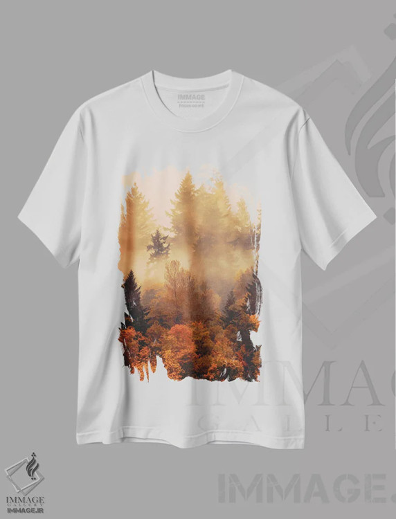 تیشرت سفید طرح دار جنگل در مه پاییزی، مدیوم اثر دان شوارتز | immage.ir