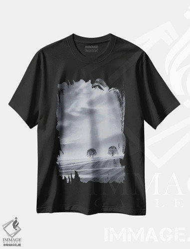 تیشرت مشکی طرح دار دو درخت روی دامنه، عکاسی سیاه و سفید اثر دان شوارتز | فروشگاه ایماژ