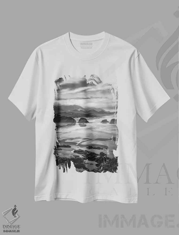 تیشرت سفید طرح دار سپیده دم ساحلی، دکور ساحلی اثر دان شوارتز | فروشگاه ایماژ